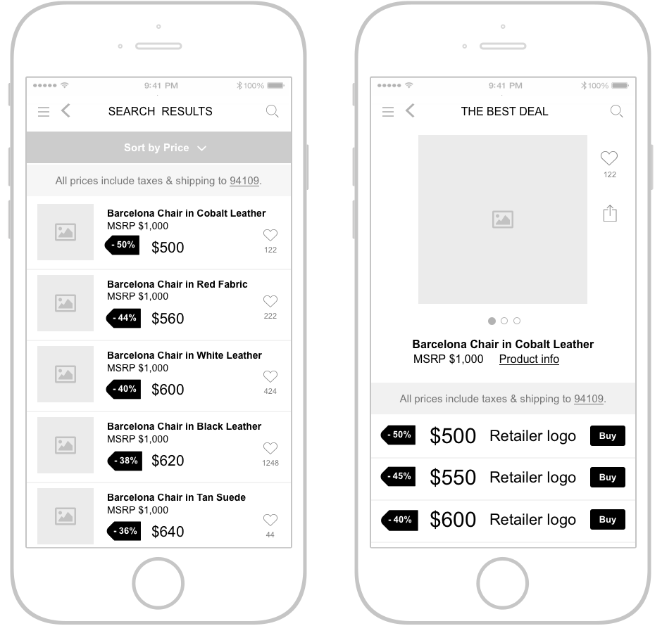 The Best Deal App wireframes 2